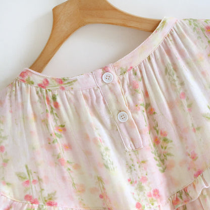Ownkoti Ruffle Neck Rose Print Cotton Nightgown