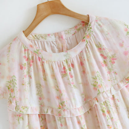 Ownkoti Ruffle Neck Rose Print Cotton Nightgown