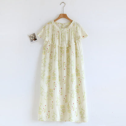 Ownkoti Ruffle Neck Green Floral Cotton Nightgown