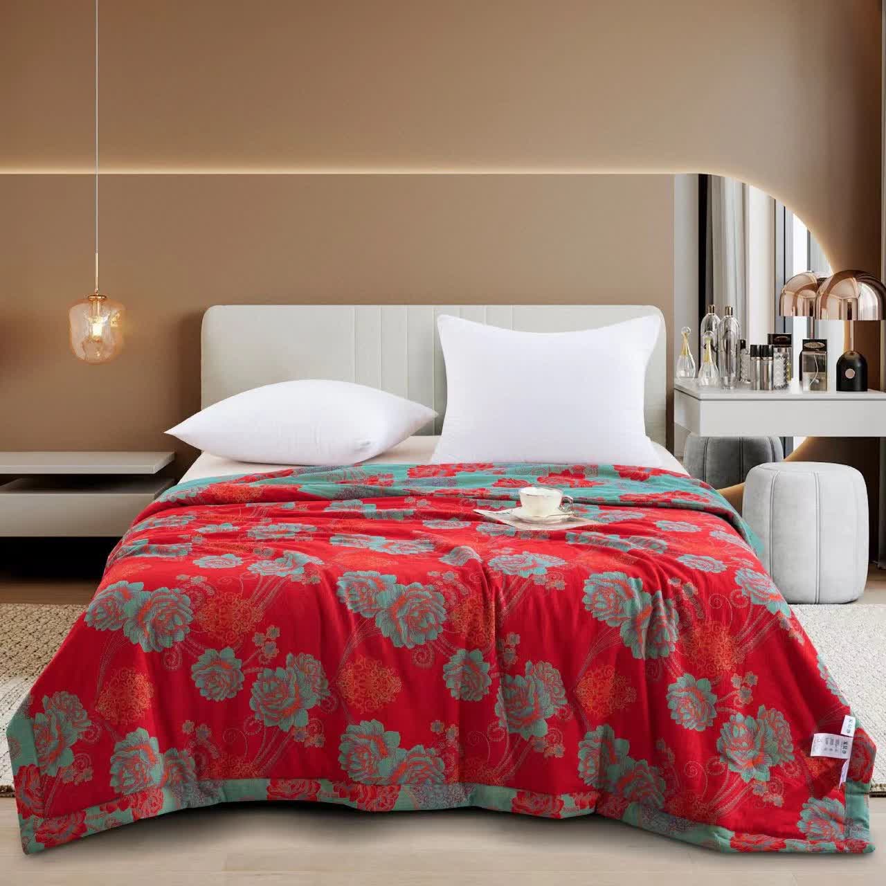 Ownkoti Red Peony Cotton Gauze Jacquard Quilt