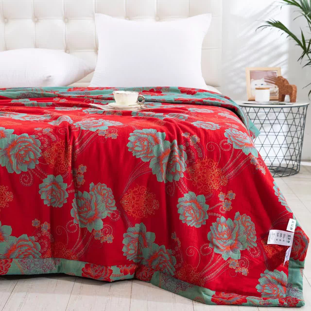 Ownkoti Red Peony Cotton Gauze Jacquard Quilt