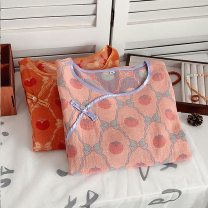 Ownkoti Persimmon Bow Cotton Gauze Jacquard Nightdress