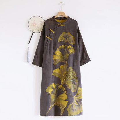 Ownkoti Oriental Ginkgo Leaf Cotton Double Nightdress