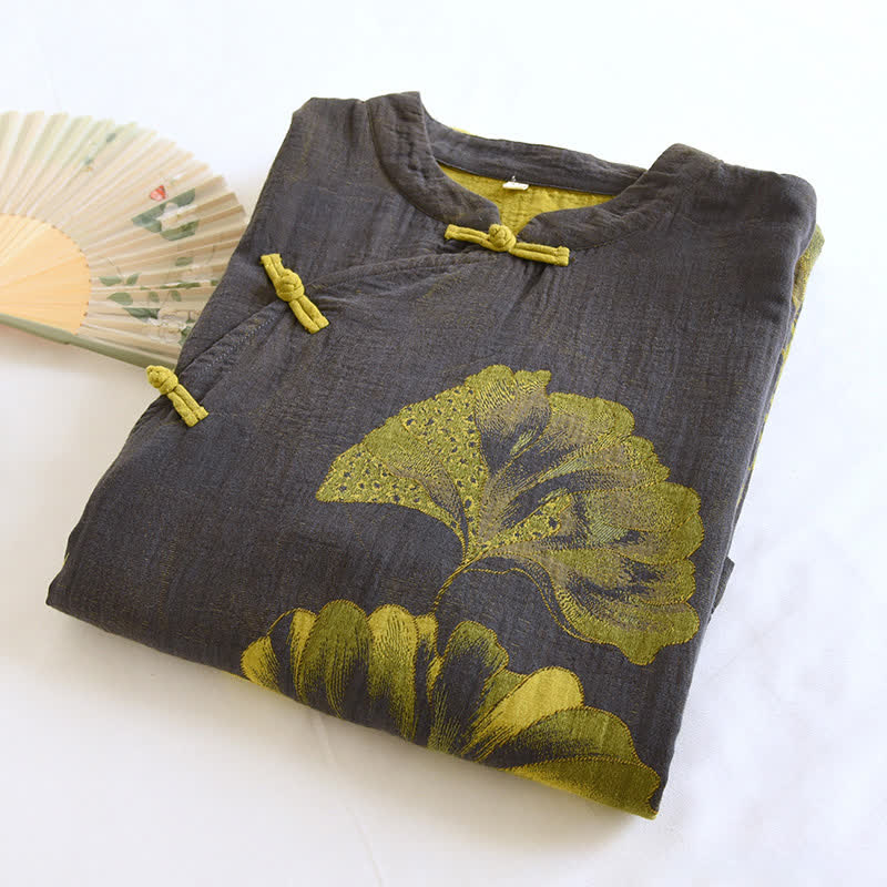 Ownkoti Oriental Ginkgo Leaf Cotton Double Nightdress