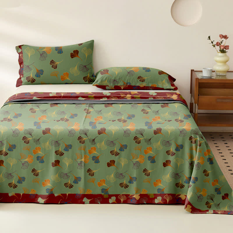 Ginkgo Biloba Cotton Jacquard Sheet Bedspread - Green - 2PCS Pillowcases - 40" x 20" - image 17