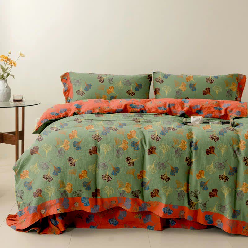 Ginkgo Biloba Cotton Bedding Set(4PCS) - Green - Cal King - image 24