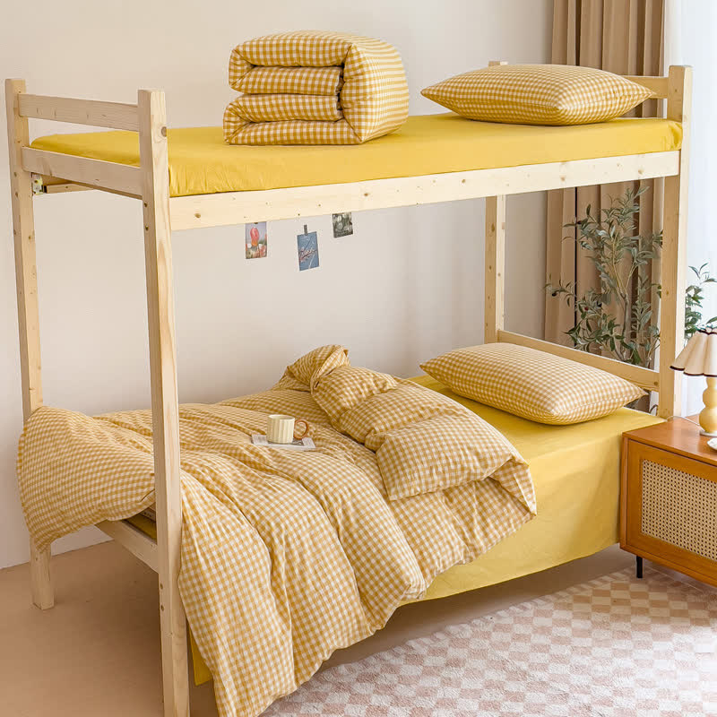 Ownkoti Cotton Plaid Duvet Cover Dorm Bedding Set - Yellow - Cal King - image 4