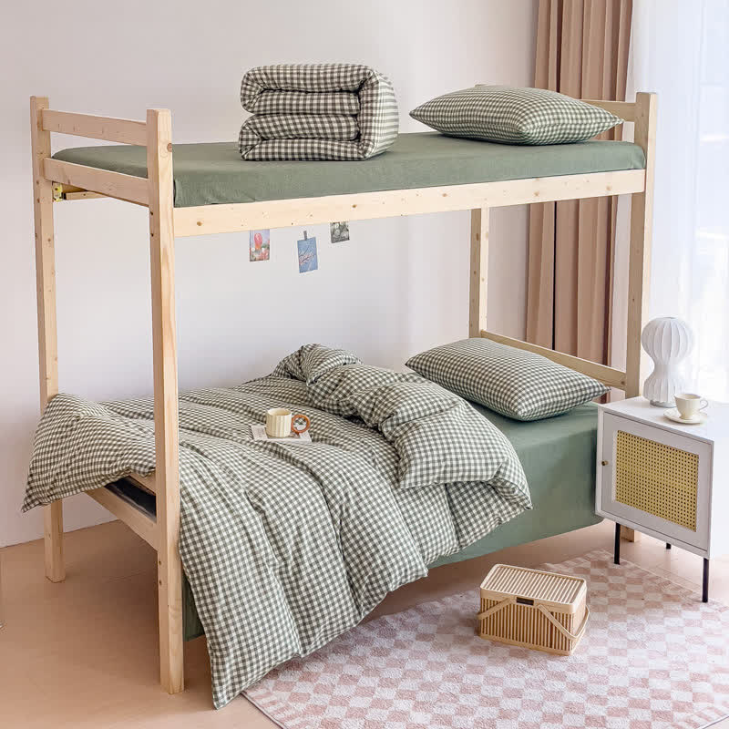 Ownkoti Cotton Plaid Duvet Cover Dorm Bedding Set - Green - Cal King - image 8