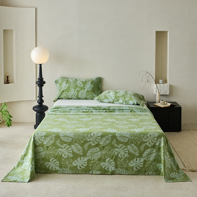 Ownkoti Green Monstera Cotton Gauze Jacquard Bedspread - Green - 2PCS Pillowcases - 41" x 20" - image 4