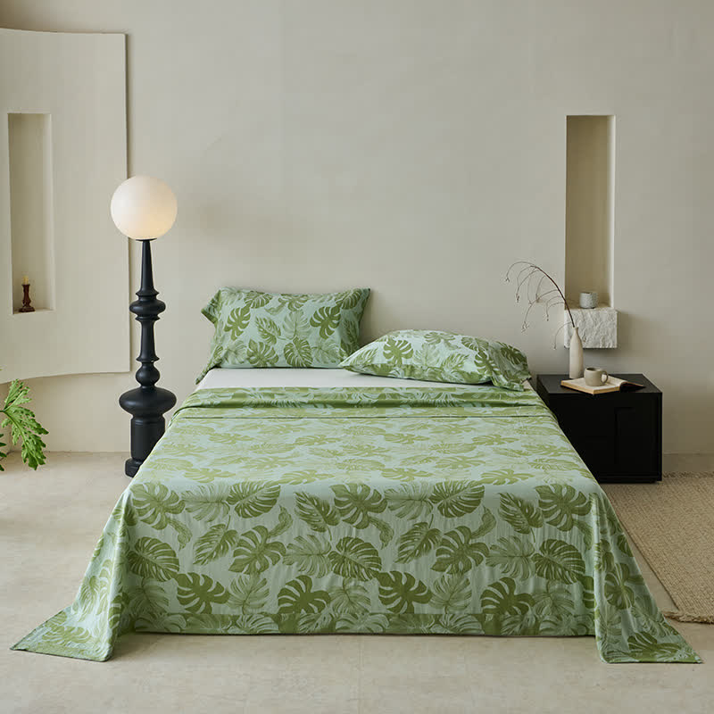 Green Monstera Cotton Gauze Jacquard Bedspread - Light Green - 2PCS Pillowcases - 41" x 20" - image 1