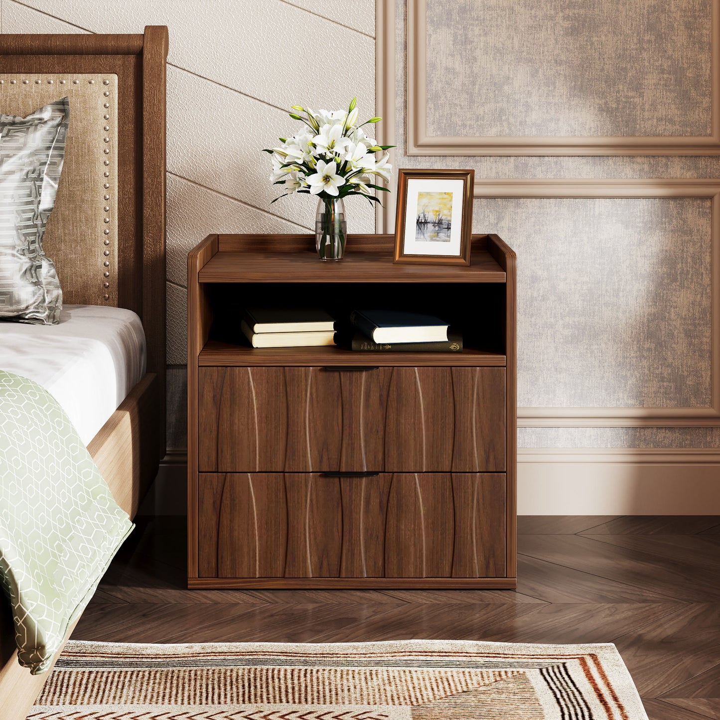 Two-tier Textured Drawer Nightstand - Walnut - image 0
