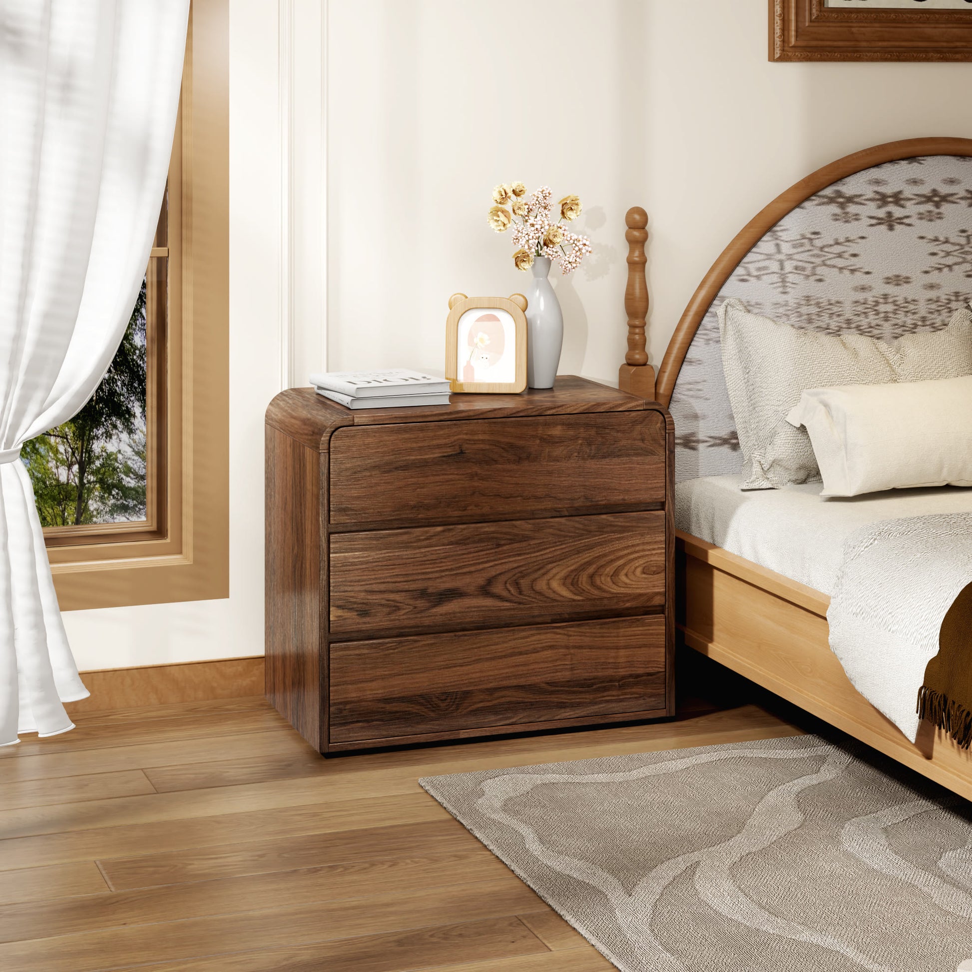 Large-sized Nightstand With Rounded-corner  - Walnut - image 0