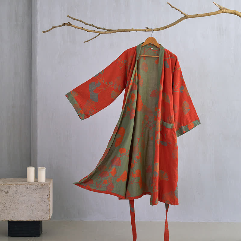 Ownkoti Ginkgo Leaf Cotton Gauze Kimono Robe - Orange & Green - XL - image 8