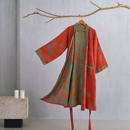 Ownkoti Ginkgo Leaf Cotton Gauze Kimono Robe - Orange & Green - XL - image 8