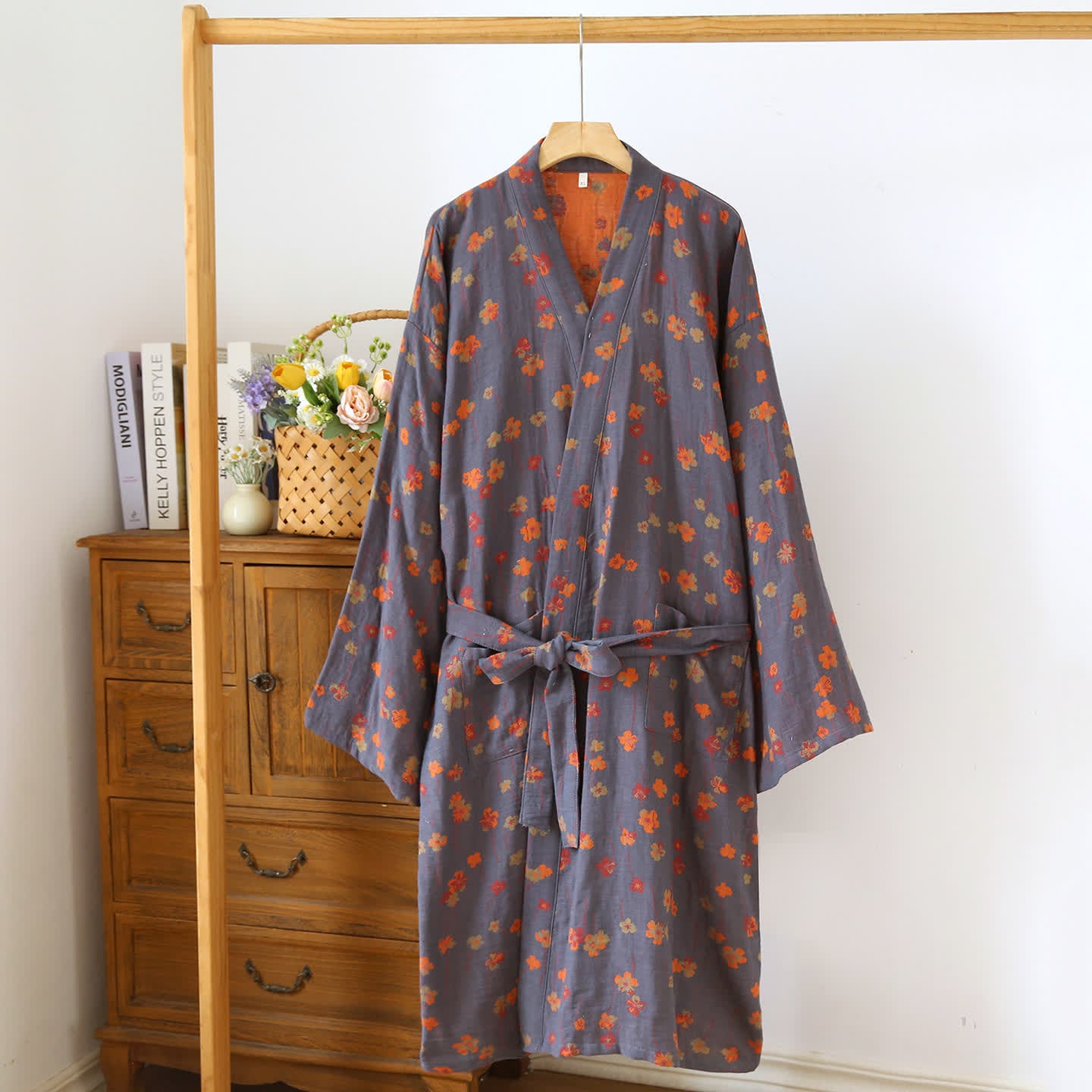 Tranquil Floral Japanese Cotton Kimono Robe - Dark Grey & Orange - L - image 3