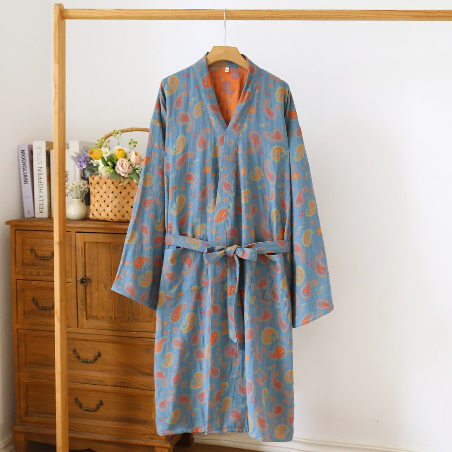 Paisley Cotton Gauze Japanese Kimono Robe - Blue & Orange - L - image 1