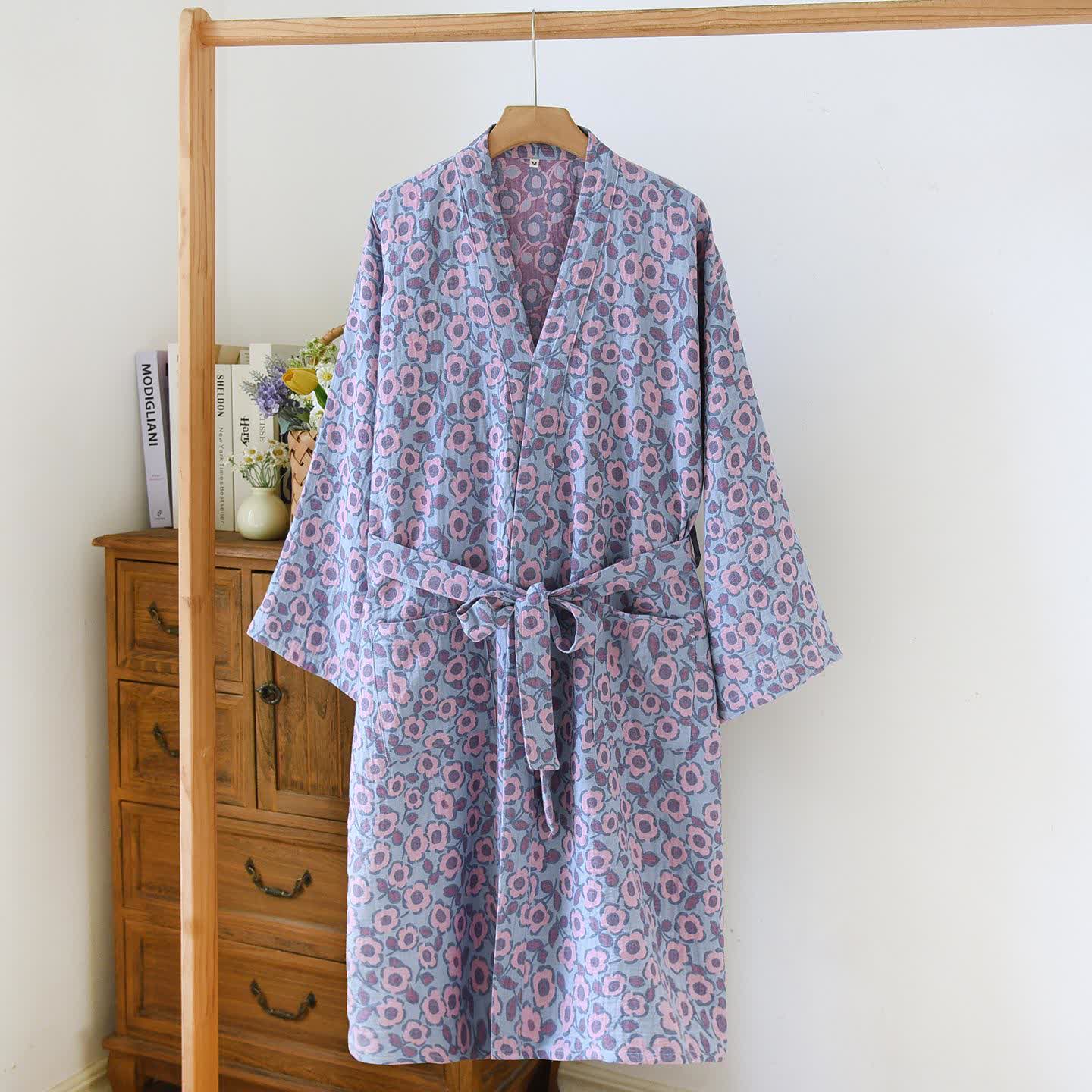 Begonia Cotton Japanese Kimono Robe - Blue - L - image 4