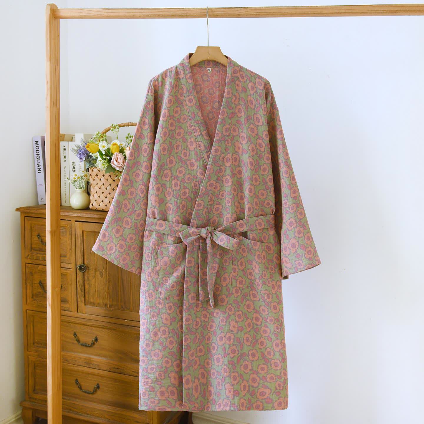 Begonia Cotton Japanese Kimono Robe - Green - L - image 13