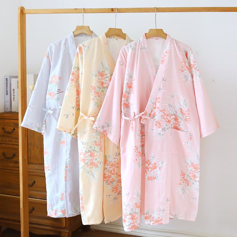 Peach Blossom Cotton Japanese Kimono Robe - image 1