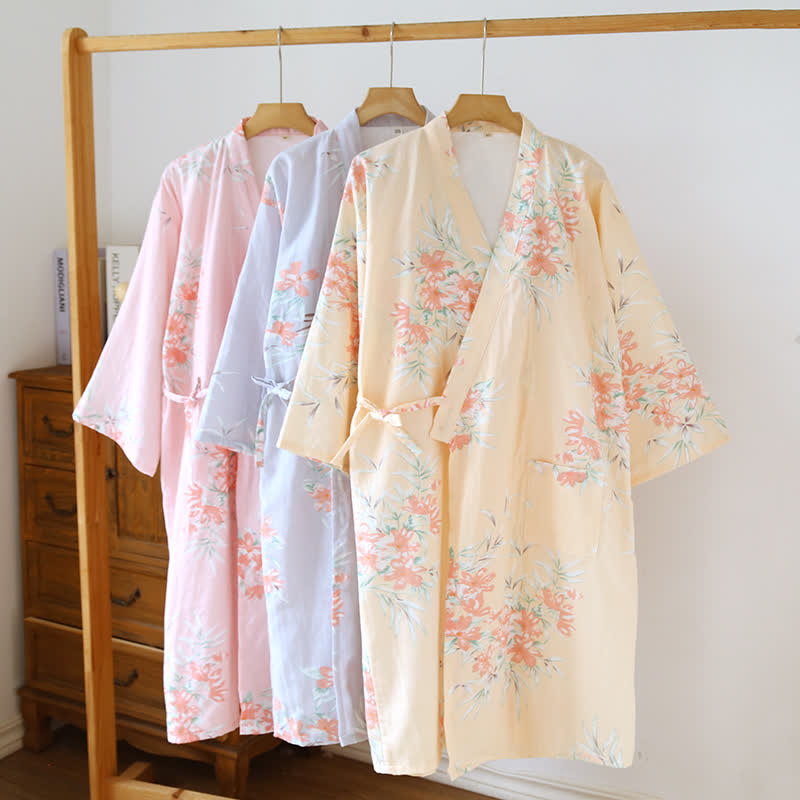Peach Blossom Cotton Japanese Kimono Robe - image 2