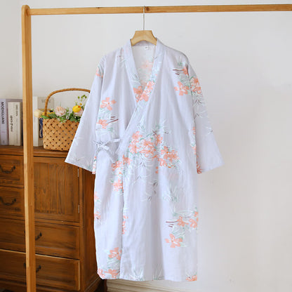 Peach Blossom Cotton Japanese Kimono Robe - Light Purple - L - image 5