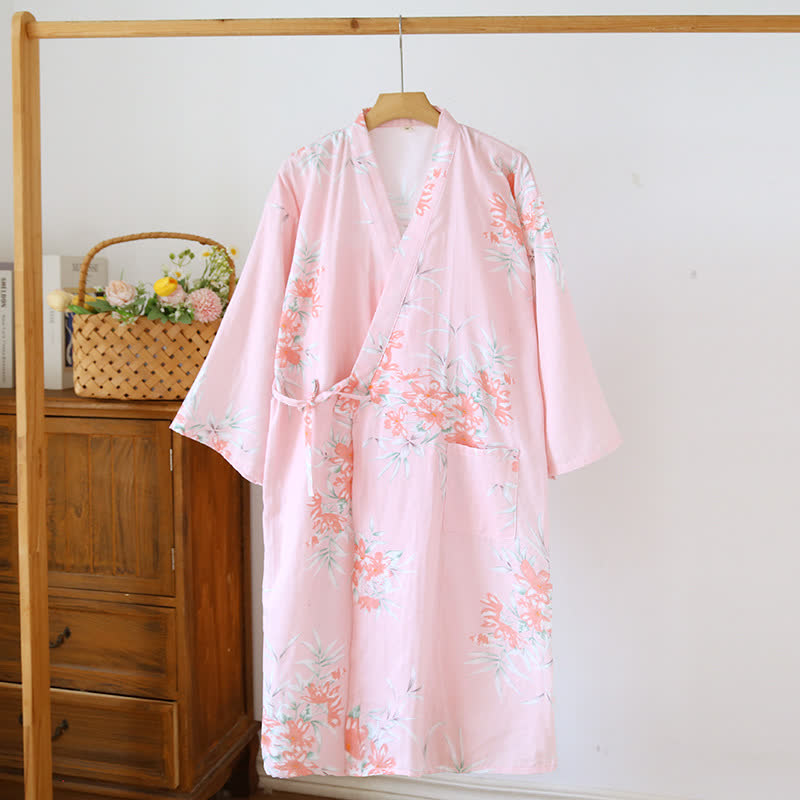 Peach Blossom Cotton Japanese Kimono Robe - Pink - L - image 6