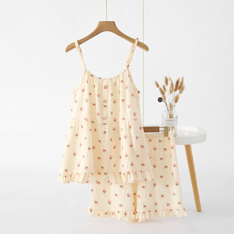 Kapok Flower Cotton Gauze Ruffle Pajamas - Beige - XL - image 3