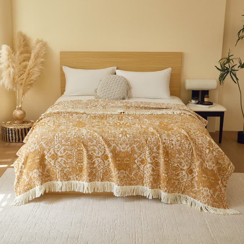 Ownkoti Retro Tribal Cotton Gauze Tassel Quilt - Gold - Queen - image 0