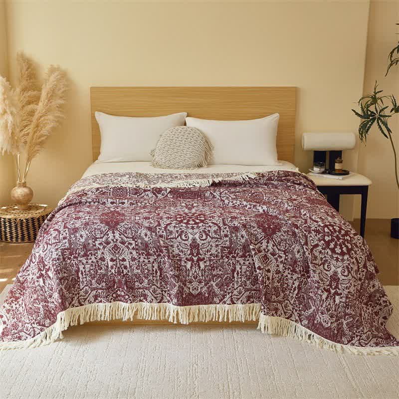Ownkoti Retro Tribal Cotton Gauze Tassel Quilt - Dark Red - Queen - image 2