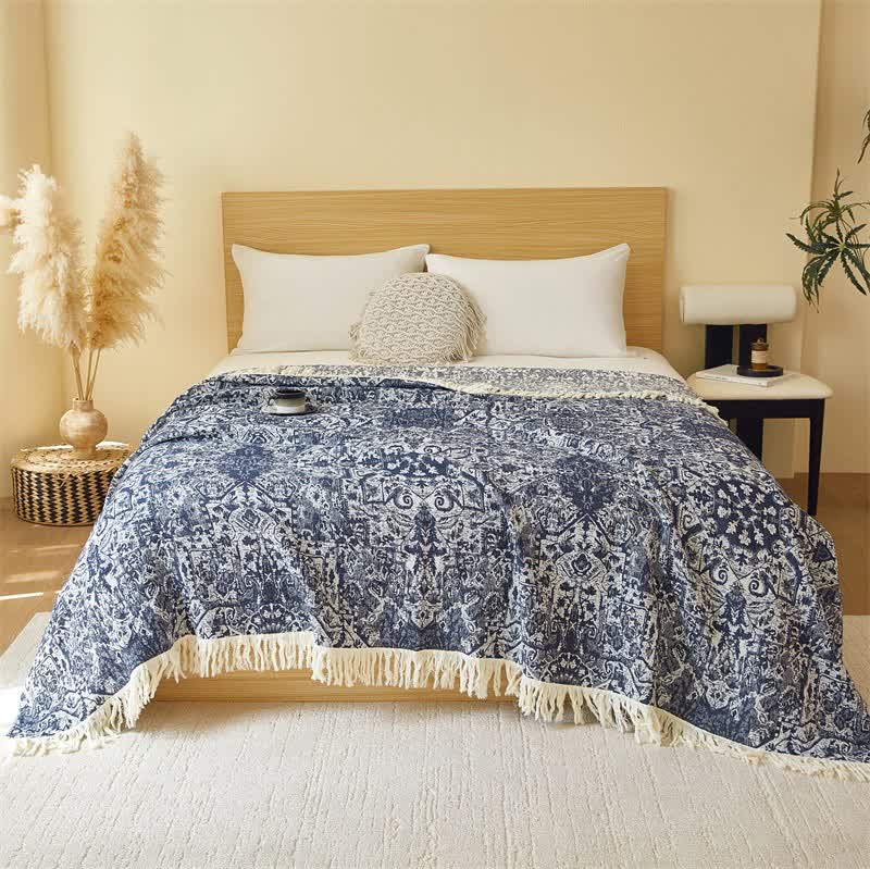 Ownkoti Retro Tribal Cotton Gauze Tassel Quilt - Dark Blue - Queen - image 3