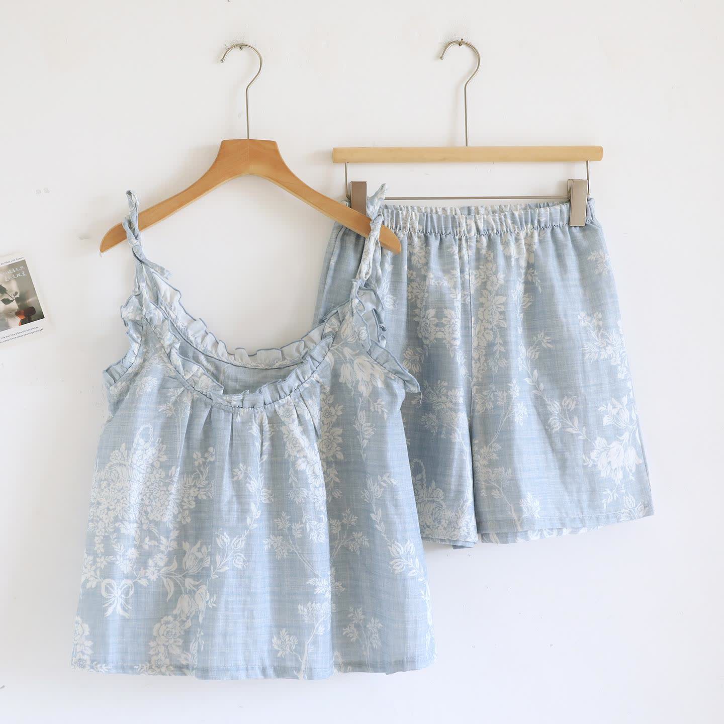 Rose Bow Cotton Padded Cami Pajamas - Blue - Cami & Shorts - XL - image 3