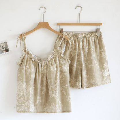 Rose Bow Cotton Padded Cami Pajamas - Khaki - Cami & Shorts - XL - image 19