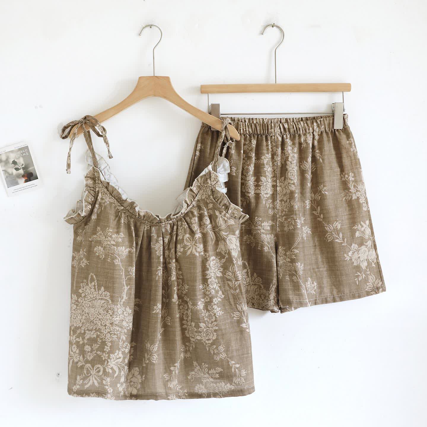 Rose Bow Cotton Padded Cami Pajamas - Brown - Cami & Shorts - XL - image 17