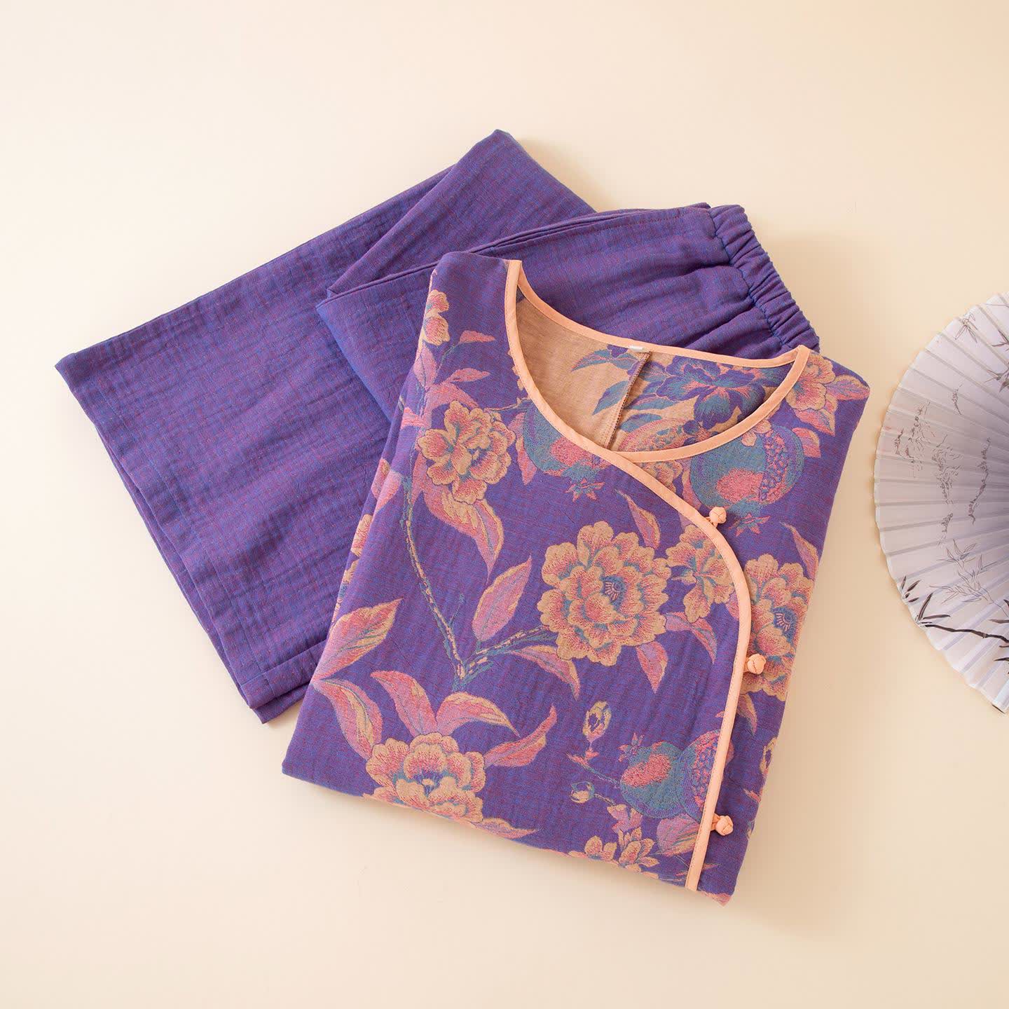 Ownkoti Oriental Style Peony Pomegranate Cotton Sleepwear - image 2