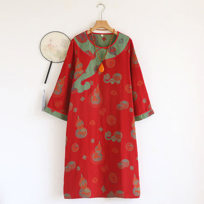 Gourd Pure Cotton Gauze Loose Nightdress - Red - XL - image 11