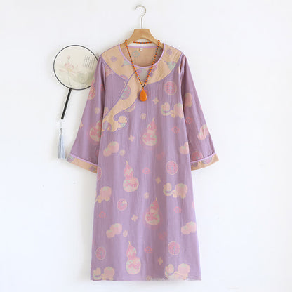 Ownkoti Gourd Pure Cotton Gauze Loose Nightdress - Purple - XL - image 0