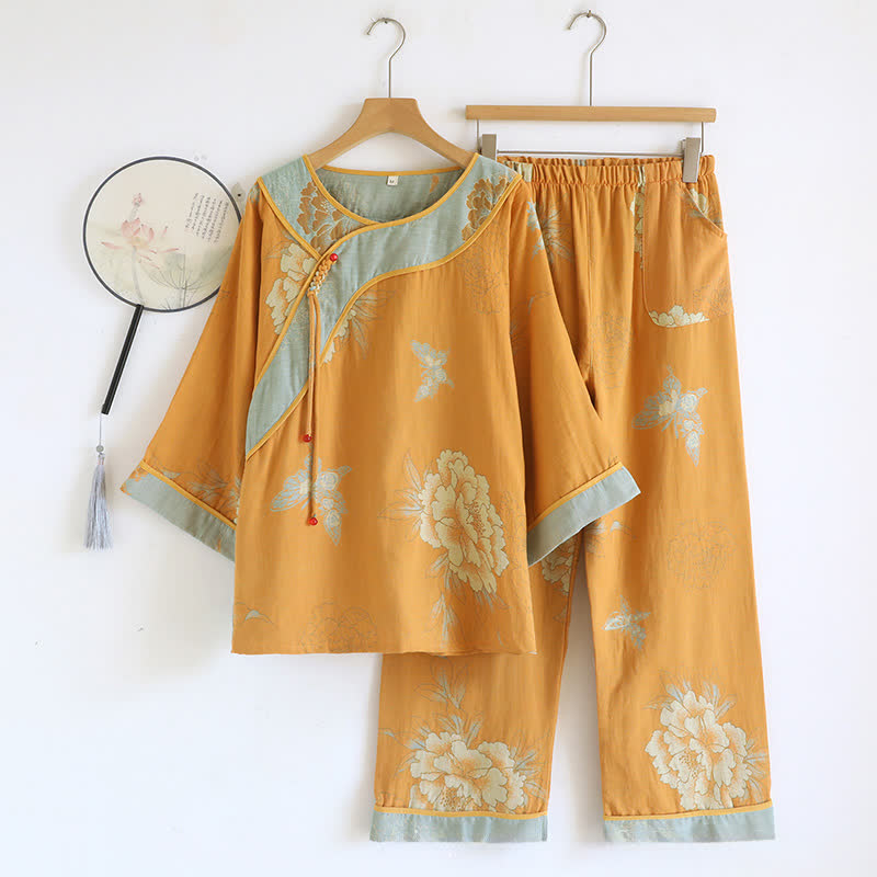 Ownkoti Peony Butterfly Jacquard Cotton Gauze Pajamas - Yellow - XL - image 0