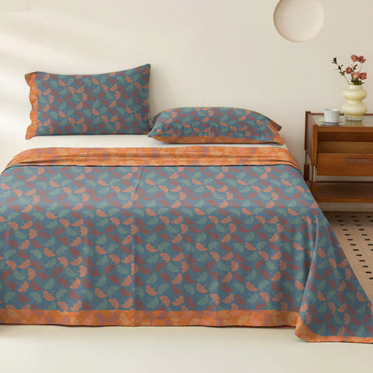 Ownkoti Ginkgo Leaf Cotton Gauze Bedspread - Blue & Orange - 2PCS Pillowcases - 40" x 20" - image 0