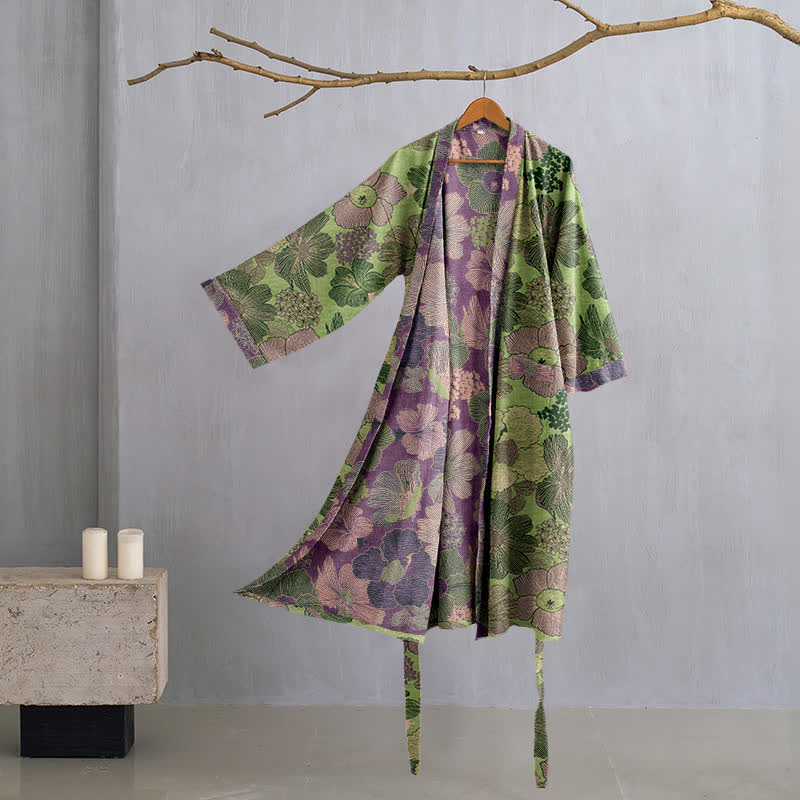 Ownkoti Peach Blossom Cotton Gauze Kimono Robe - Green - 2XL - image 6