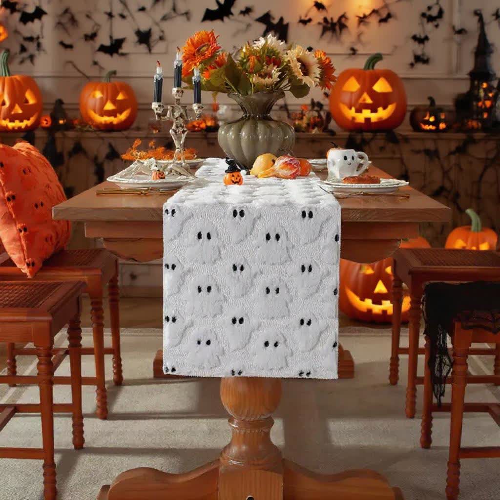 Halloween Plush Ghost Embroidered Table Runner - White - 14" x 130" - image 1