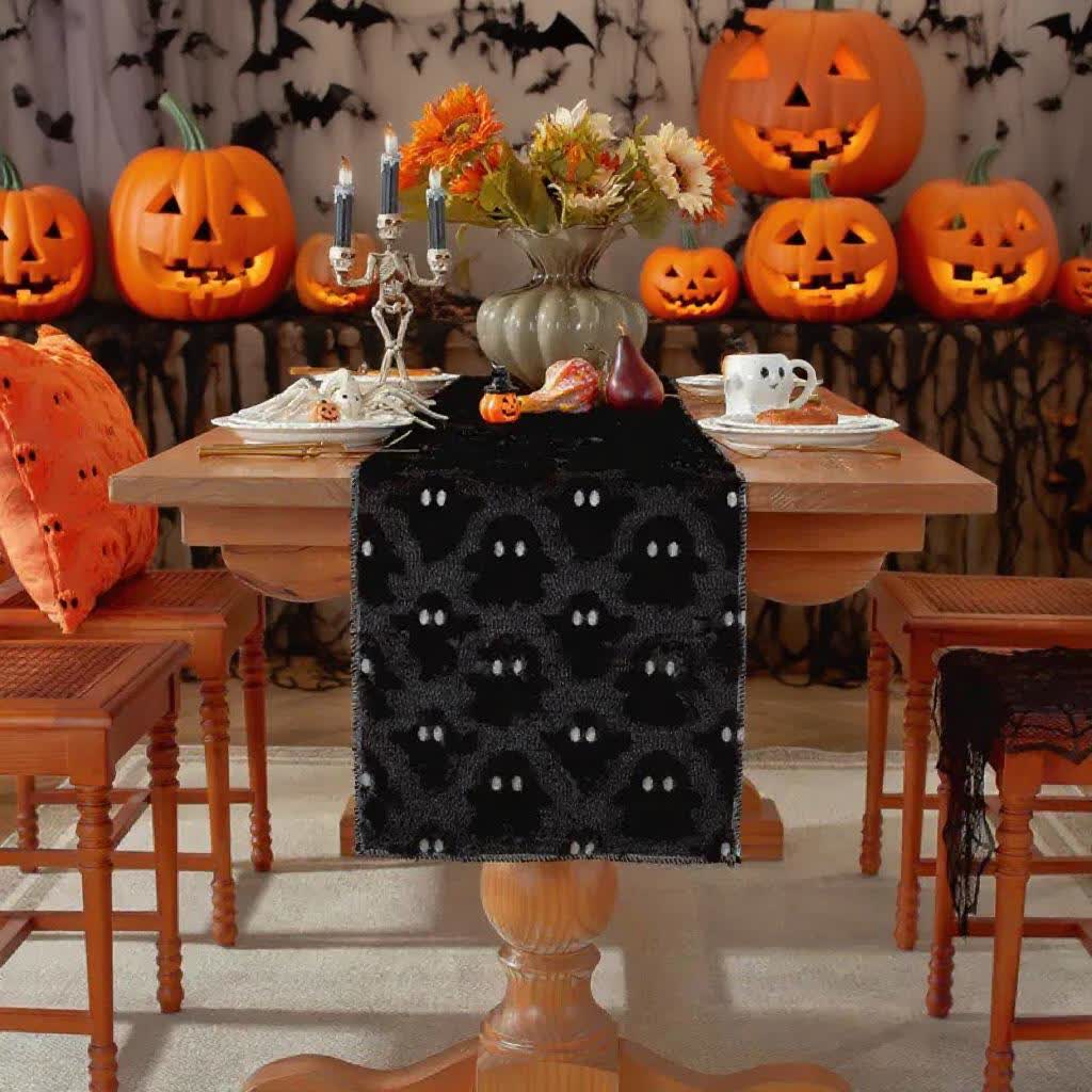 Halloween Plush Ghost Embroidered Table Runner - Black - 14" x 130" - image 8