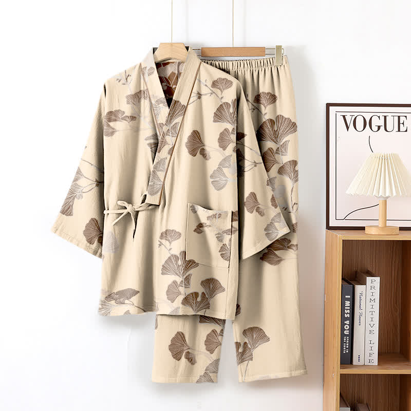 Ownkoti Large Ginkgo Leaf Cotton Kimono Pajamas - Beige - XL - image 10