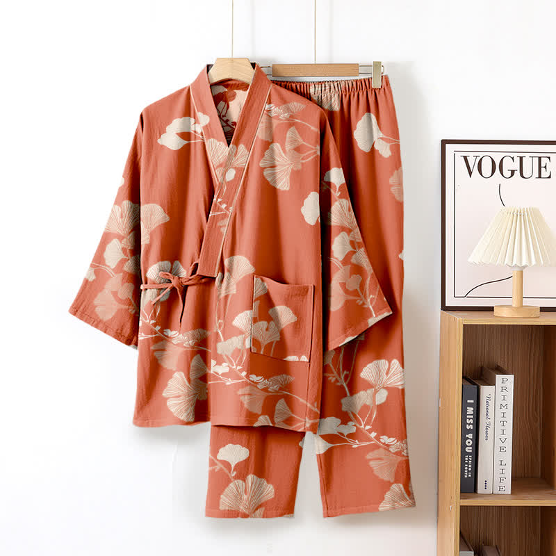 Ownkoti Large Ginkgo Leaf Cotton Kimono Pajamas - Pink - XL - image 8