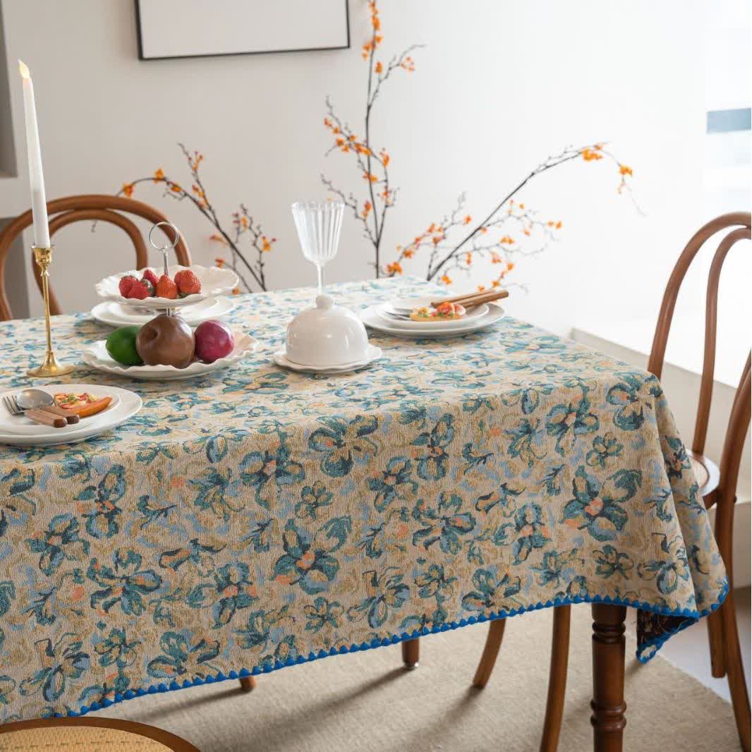 Rustic Style Blue Floral Jacquard Tablecloth - image 4