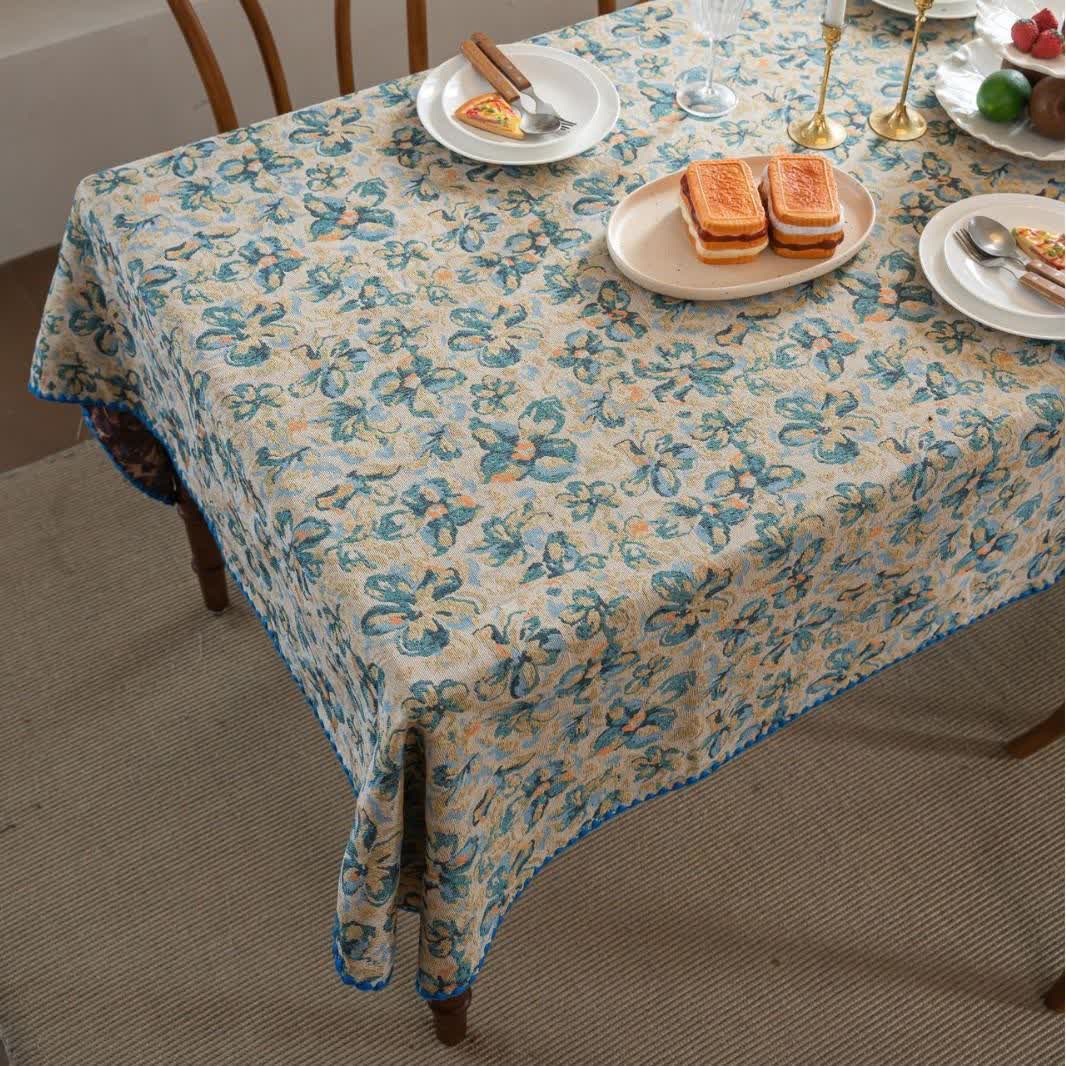 Rustic Style Blue Floral Jacquard Tablecloth - image 5