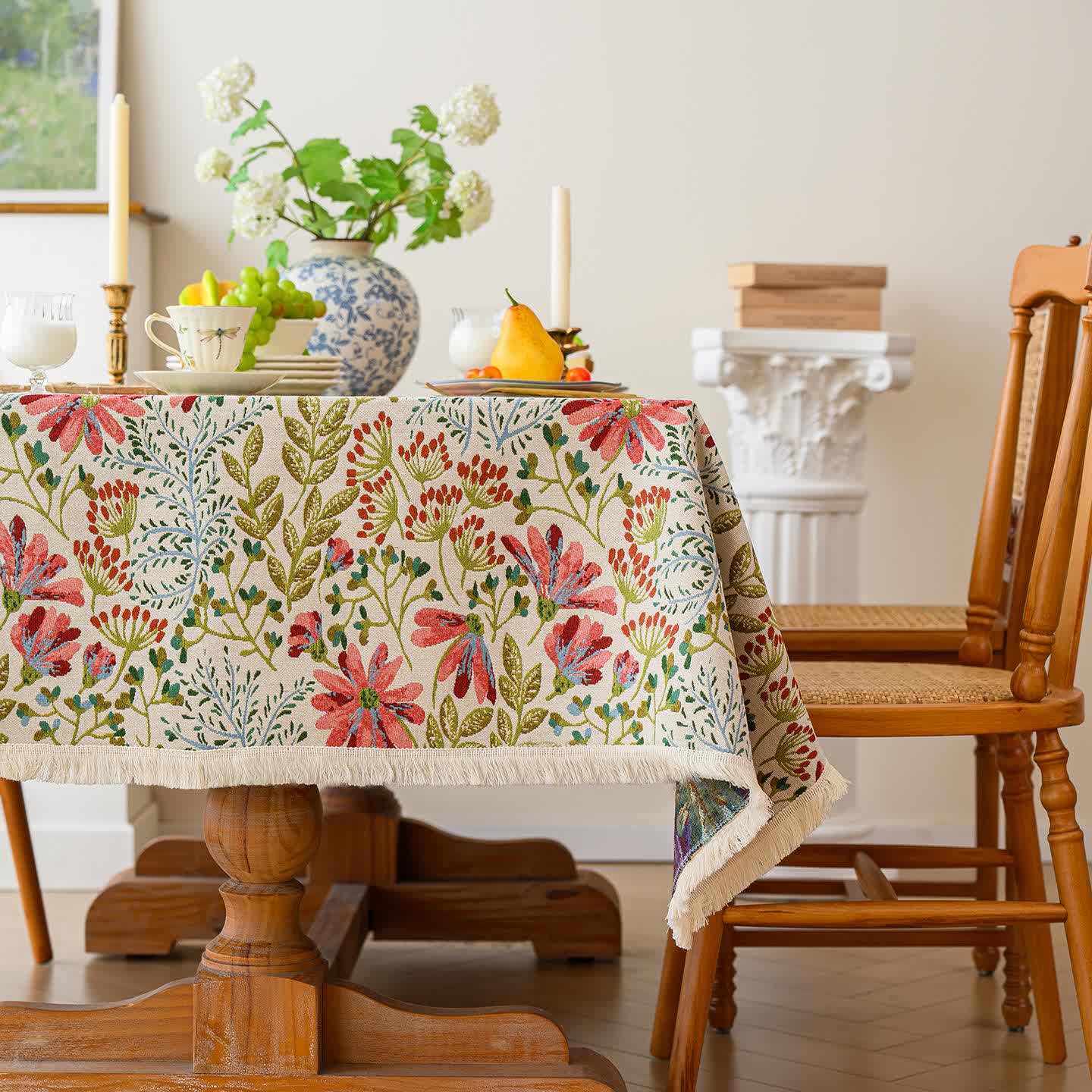 Rustic Floral Jacquard Tassel Tablecloth - image 2