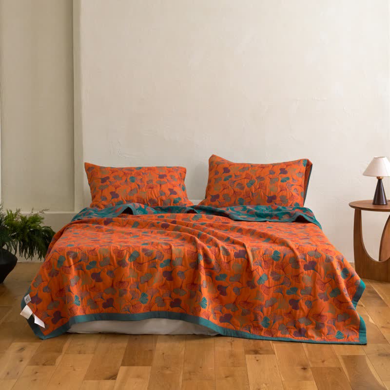 Ownkoti Ginkgo Biloba Organic Cotton Quilt - Orange - Quilt with 2PCS Pillowcases - Cal King - image 20