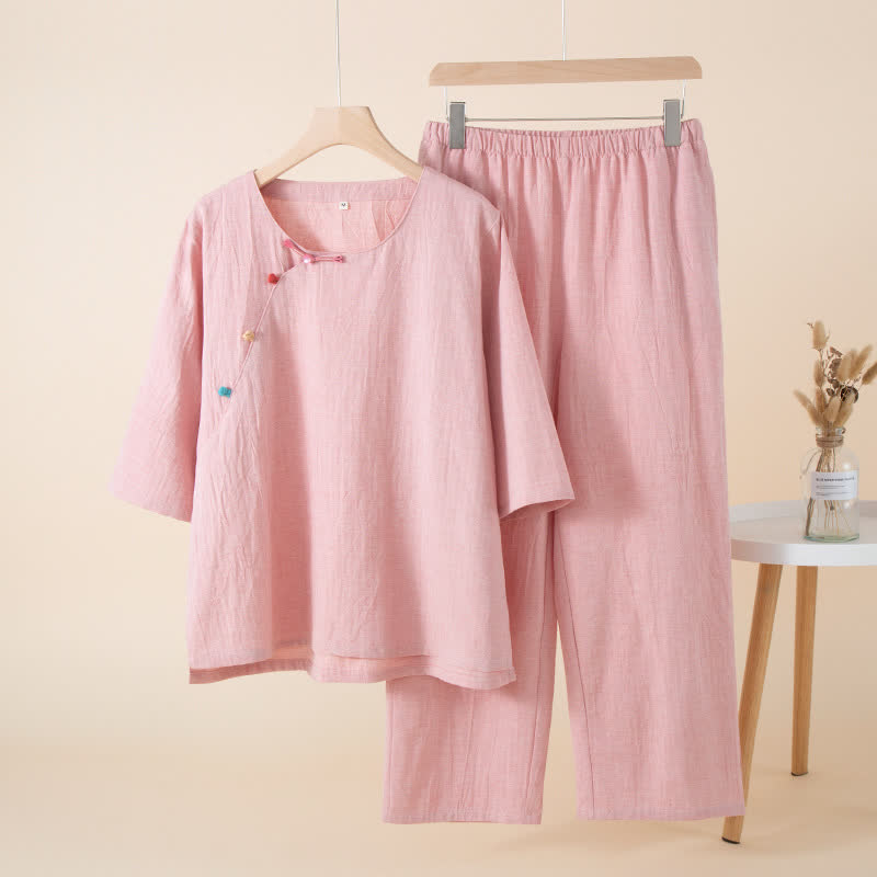 Oriental Style Buttoned Loungewear Set - Pink - XL - image 13