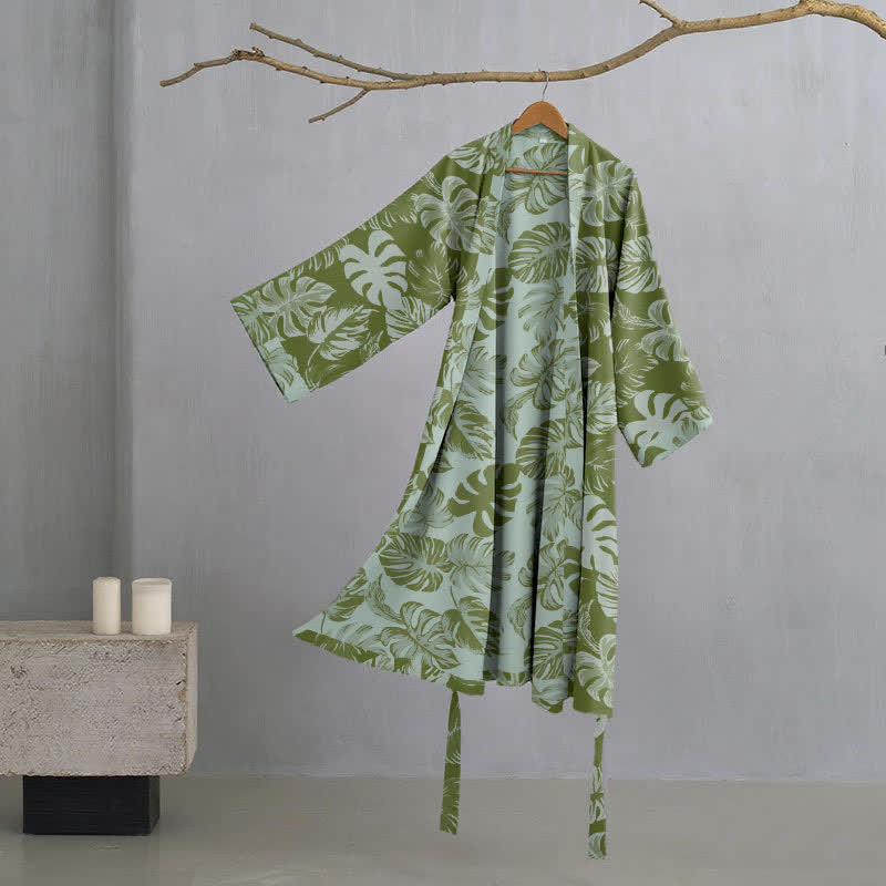 Monstera Print Cotton Gauze Kimono Robe - Dark Green - 2XL - image 0