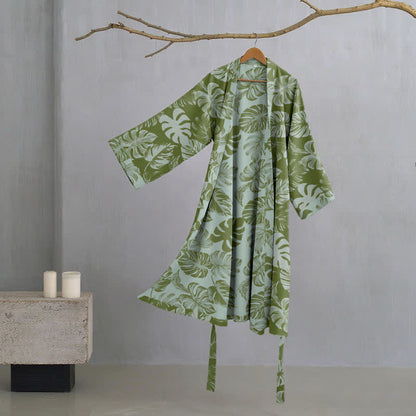 Monstera Print Cotton Gauze Kimono Robe - Dark Green - 2XL - image 0